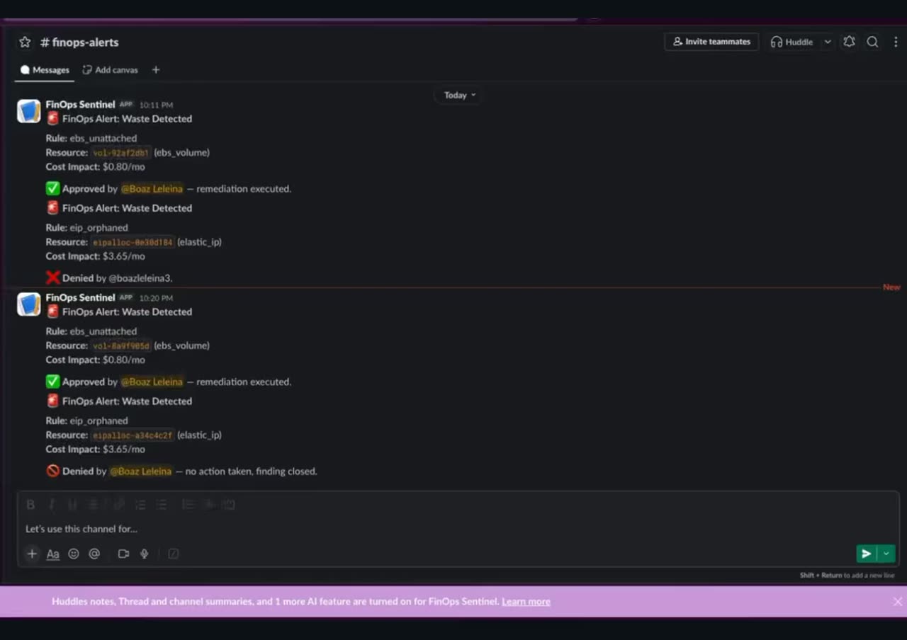 Still frame from the FinOps Sentinel demo